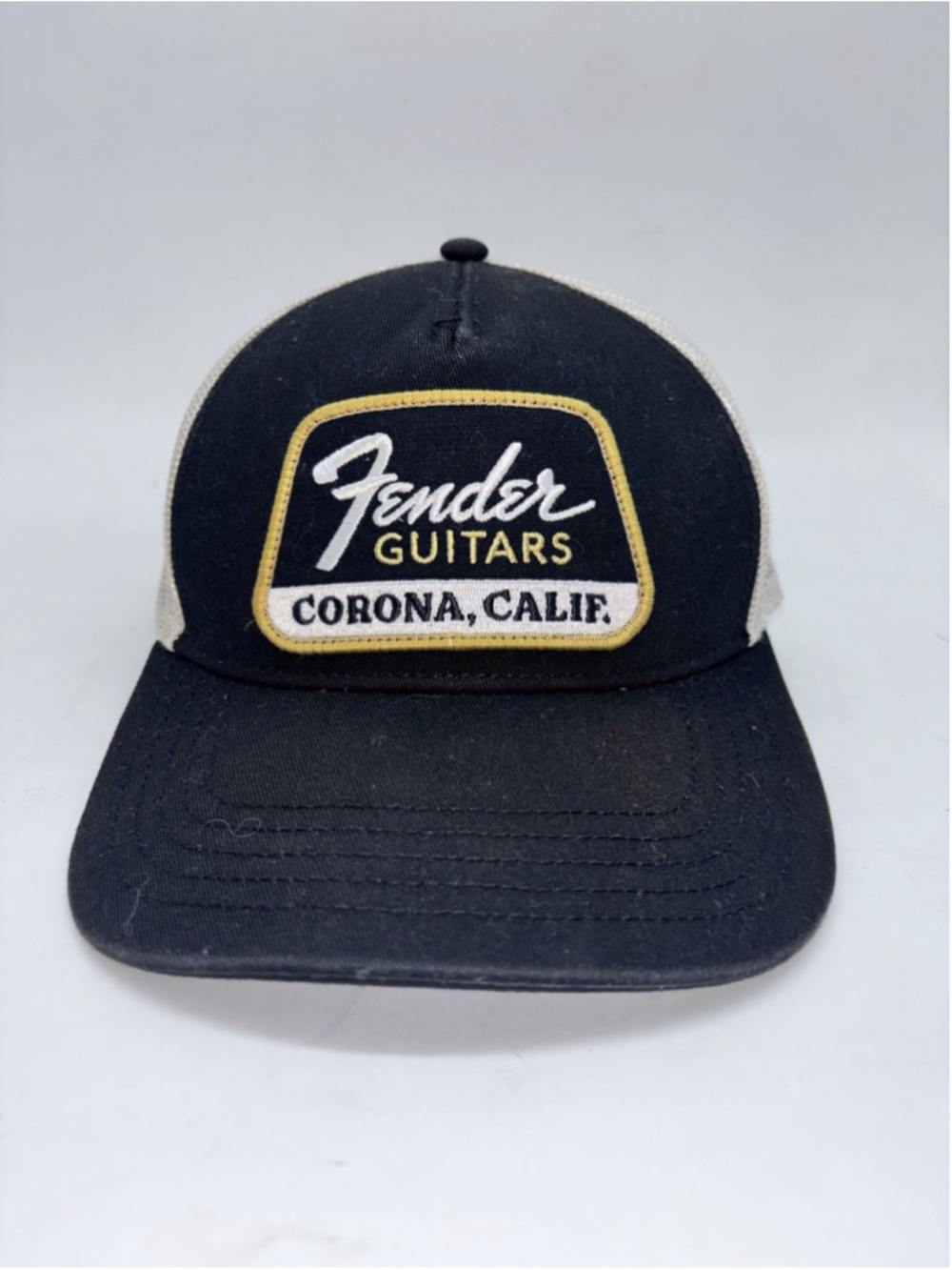 Fender Guitars Corona Calif. Trucker Hat American Needle Black Mesh Snapback